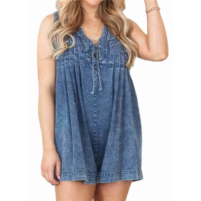 

A09P Women's Sleeveless V Neck Shorts Denim Romper Tie Front Ruffle Jean Short Overall With Pocket