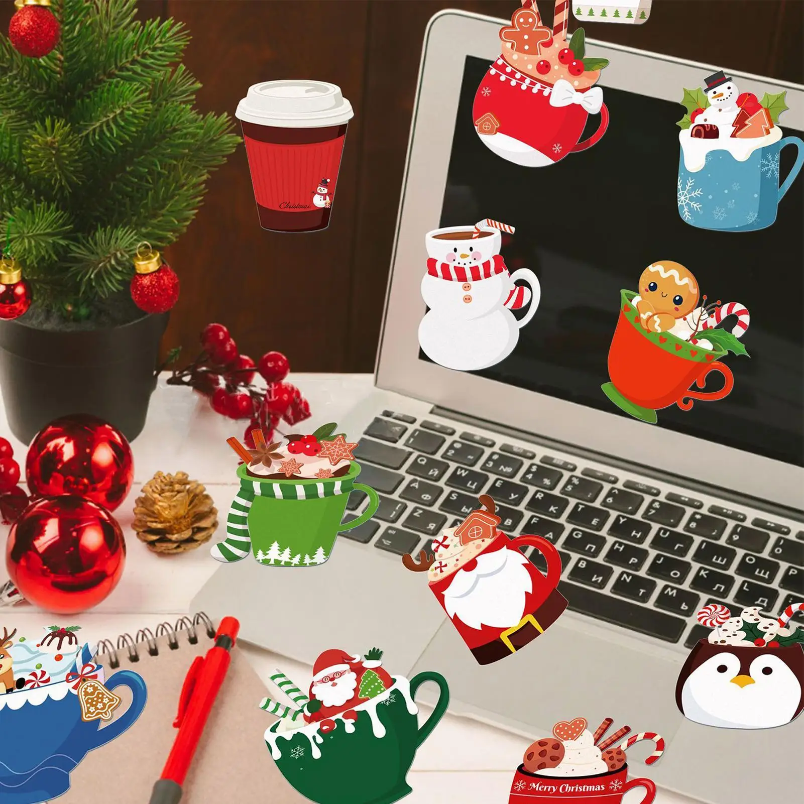 12 рождественских чайных чашек, набор блокнотов для заметок, блокнот на тему Санта-Клауса и лося, праздничные наклейки, липкие заметки, рождественский липкий блокнот, подарки