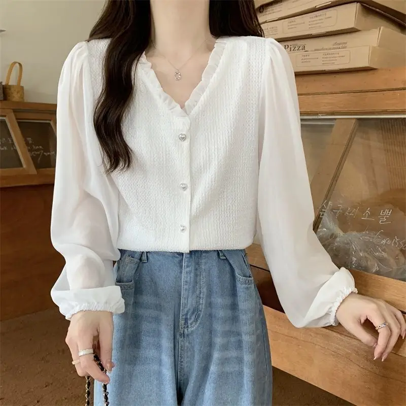 Fashion Versatile Spring Autumn Korean Version V-neck Women\'s Shirt Splicing Slim Fit Knitted Shirt Long Sleeve Top for Women