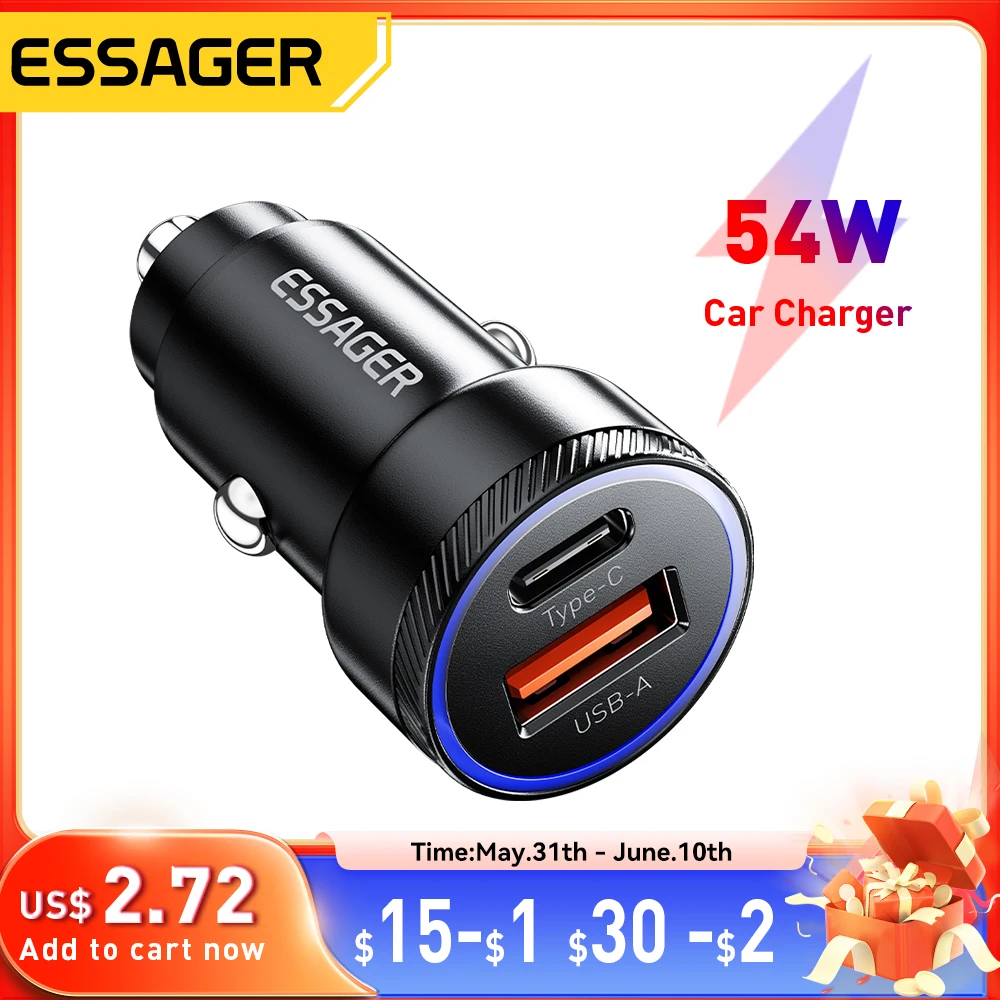 Essager 54W Car Charger 5A Fast Charging Type C Quick Charge 3.0 QC PD 3.0 SCP USB Car Charger For Xiaomi Samsung Iphone Charger