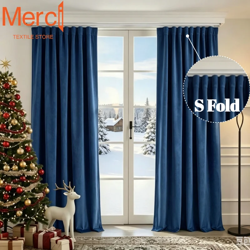 1PC Modern Luxury Klein Blue American Wool Velvet Curtains for Living Dining Room Bedroom Window Solid Color Partition Decor 커튼