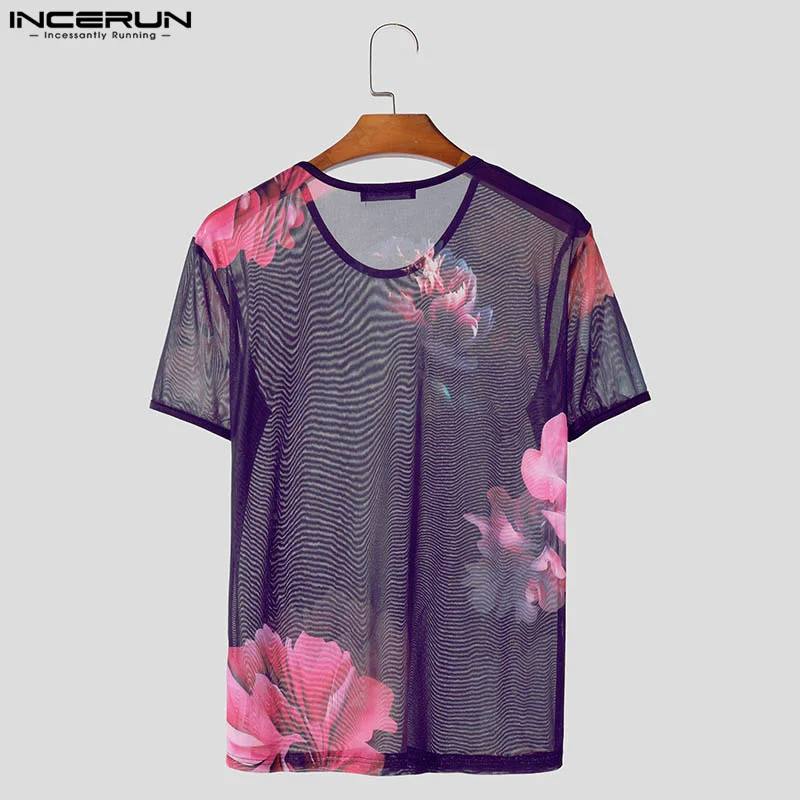 INCERUN Men T Shirt Printing O-neck Short Sleeve Streetwear Mesh See Through Camisetas Summer 2024 Fashion Party Men Clothing