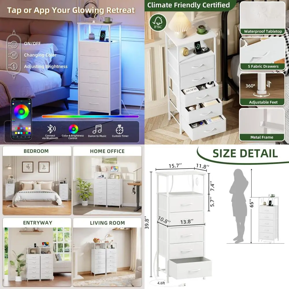 

Белая тумбочка со светодиодной подсветкой и зарядной станцией для спален, детских комнат и общежитий; Высокий комод с 5 ящиками и контейнерами для ткани для S