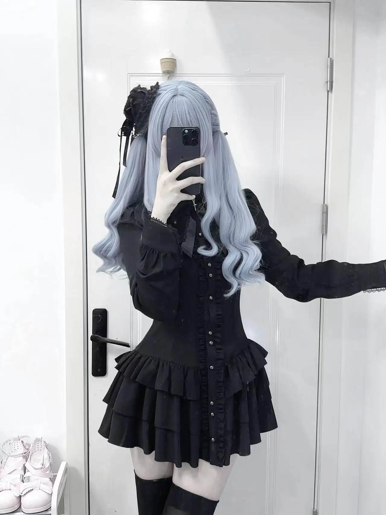 Halloween Dark Gothic Retro Waist-closing Lace Short Dress Women Black Long Sleeve Cake Dress