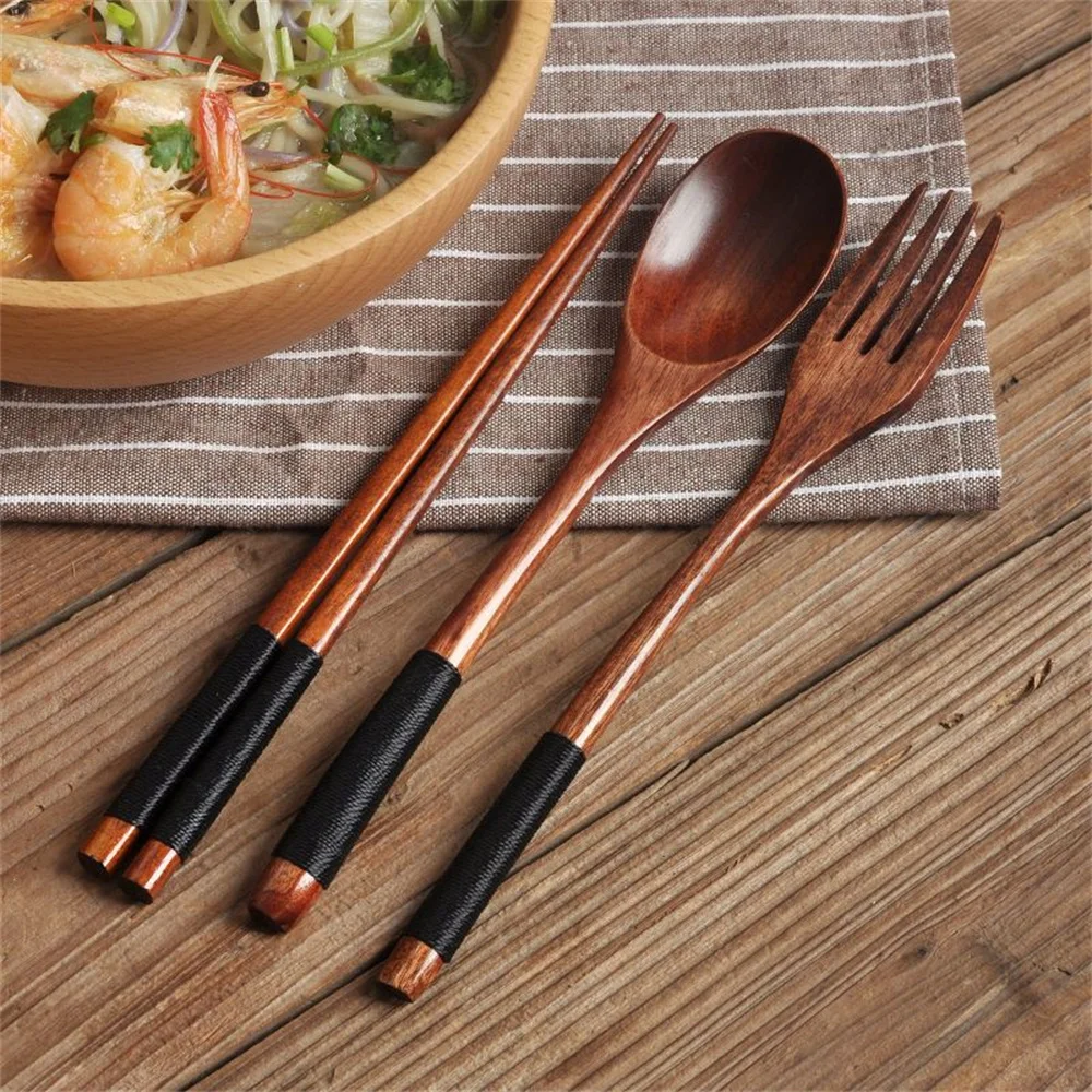 3pcs/Set Natural Wooden Tableware Fork Spoon Chopstickssolid Wood Long Handle Spoon Chopsticks Retro Style Portable Tableware 