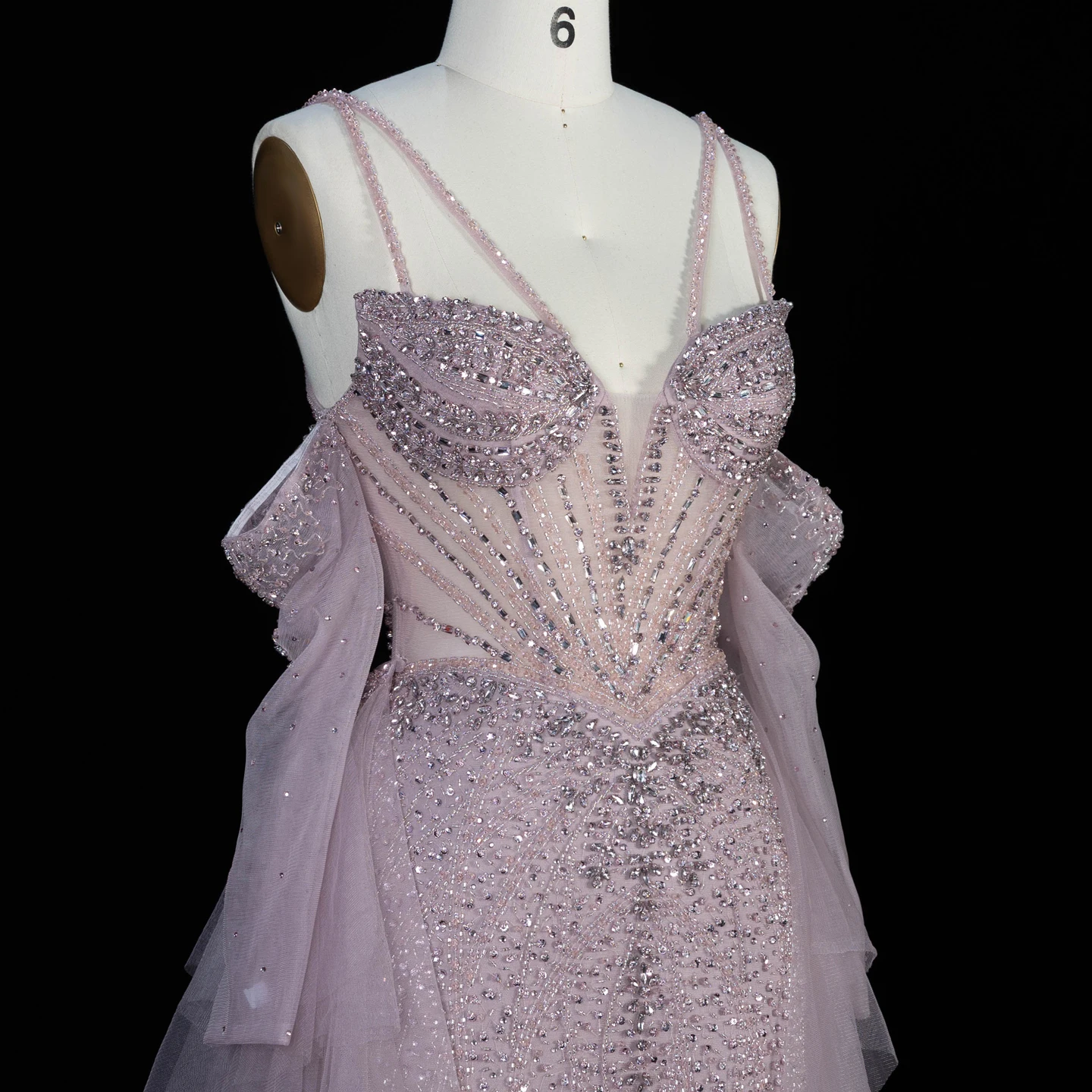 Sharon Said Dubai Grünes Abendkleid mit Spaghettiträgern, Perlen und Rüschenärmeln, formelles Ballkleid für Damen, SS123, maßgeschneidert – Detail 21