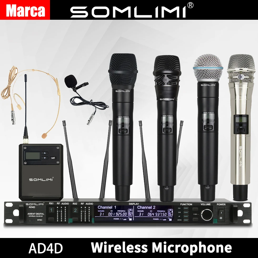 

Brand SOMLIMI AD4D 500/600/900MHz Stage Microphone Wireless System Condensor Microphone Mic Lavalier Microfono UHF Microphone