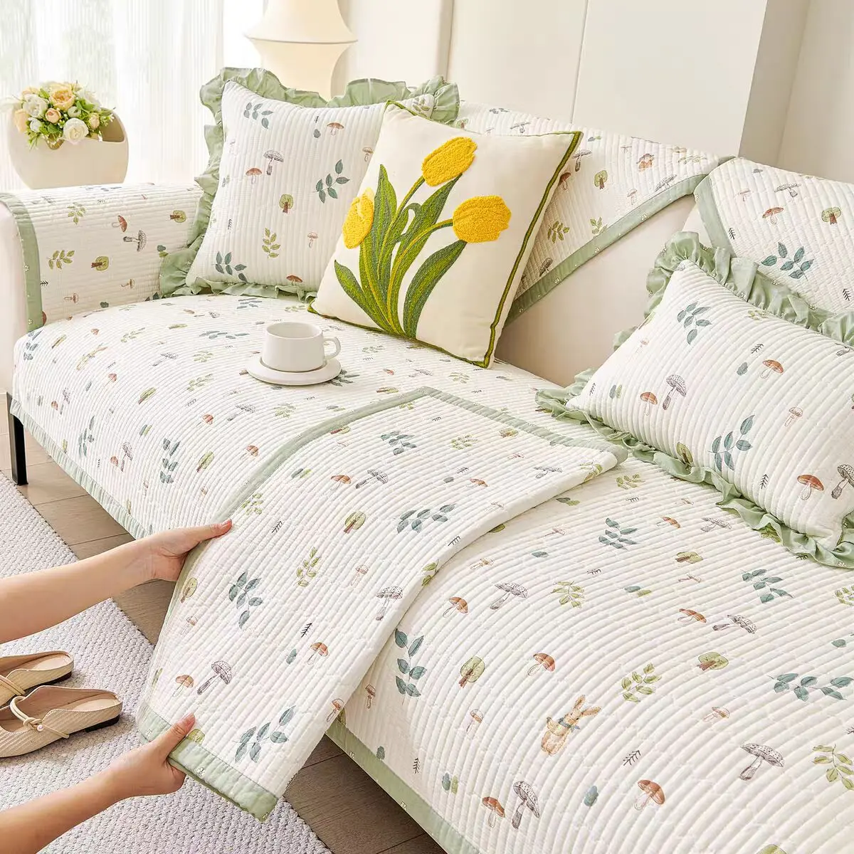 Fresh Floral Style Sofa Cover Home Decor Cotton Fabric Non Slip Seater Cushion Pad Dust Proof Wear Resistant Sofa Slipcovers