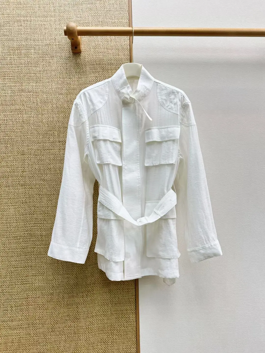 Women Vintage Cargo Stand Collar Jacket Early Fall New, 4 Pockets Waist Cinched Outerwear