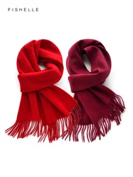 Red claret pure 100% wool scarf for women's thin warm shawl winter solid color wine red men scarves new year's gift