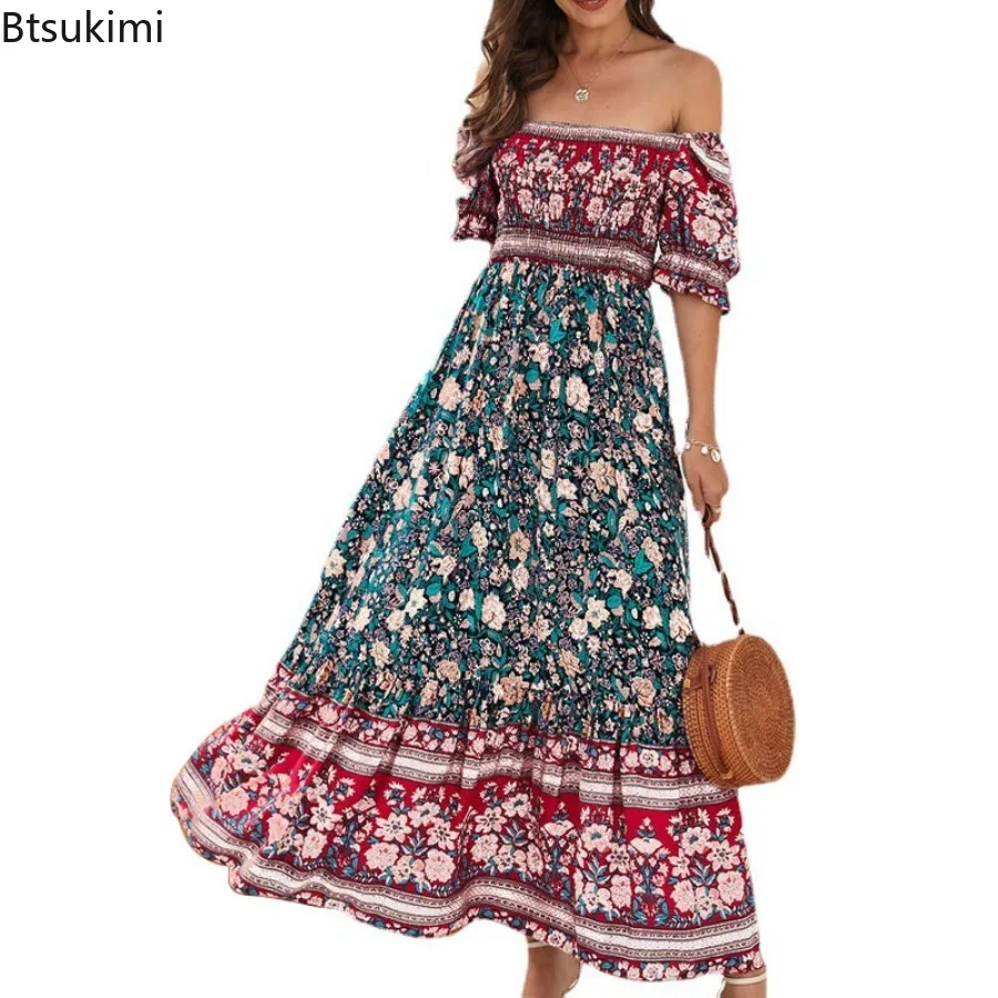 Nieuwe 2024 Dames Zomer Boho Bloemenprint Strand Zonnejurk Korte Mouw Vierkante Hals Ruche Geplooide Jurk Voor Meisjes Bohemien Jurk