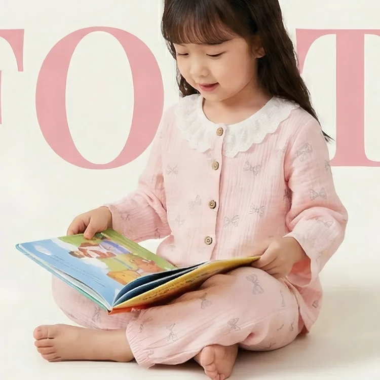 2026 Frühling Sommer Herbst Mädchen Mode Pyjama-Sets Elegante Spitze Weiche Bequeme Langarm Hauskleidung Set Kinder Schlafanzüge – Detail 9
