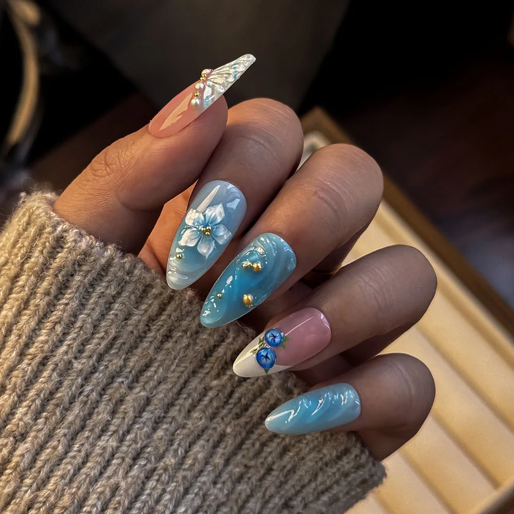 

24PCS Blue Nude Almond Press on Nails 3D Blueberry Flower Shell Pearl Gold Bead False Nails Summer Ocean Style Reusable Manicure