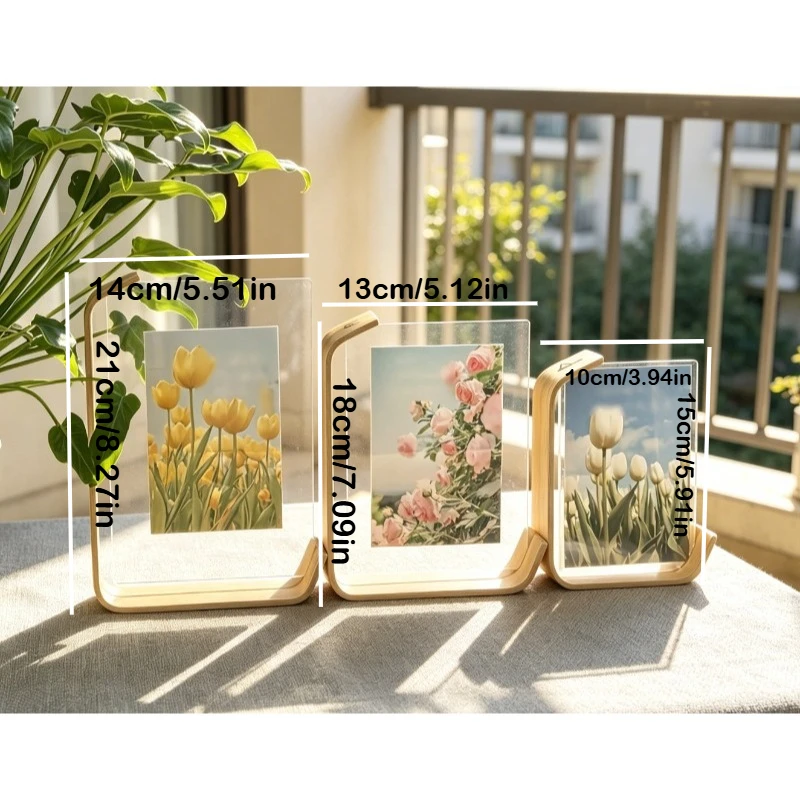 3pcs Birch Wood & Acrylic Double-Sided Photo Frame Transparent Desktop Display Stand Desktop Ornament Plant Specimen Photo Frame
