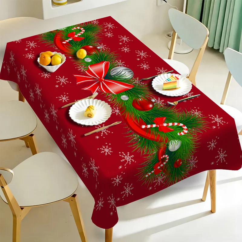 Christmas Snowflakes Pine Needle Tablecloth for Table Decor Winter Xmas Balls Kitchen Dining Table Cloth Christmas Decorations