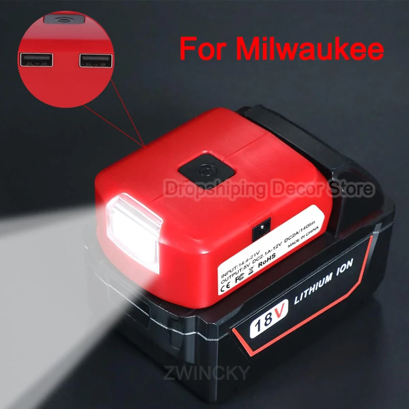 Battery Adapter For Milwaukee 18V Battery USB Charger Power Source with Dual USB Port DC 12V/2A with LED Light For Heated Jacket