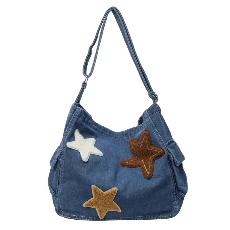 Denim Messenger Bag Female Star Pendant Washed Premium Large-capacity Shoulder Bag Lazy Wind Student Commuter Women\'s Bag