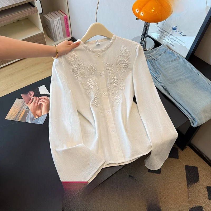 

White Heavy Embroidery Linen Shirt Women's Spring New Casual Simple Design Loose Fit Long Sleeve Commute Friendly Pure Color