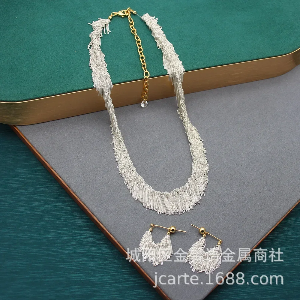 Silver Chain Galaxy Tassel Light Luxury Style Jewelry Necklace Earrings Set