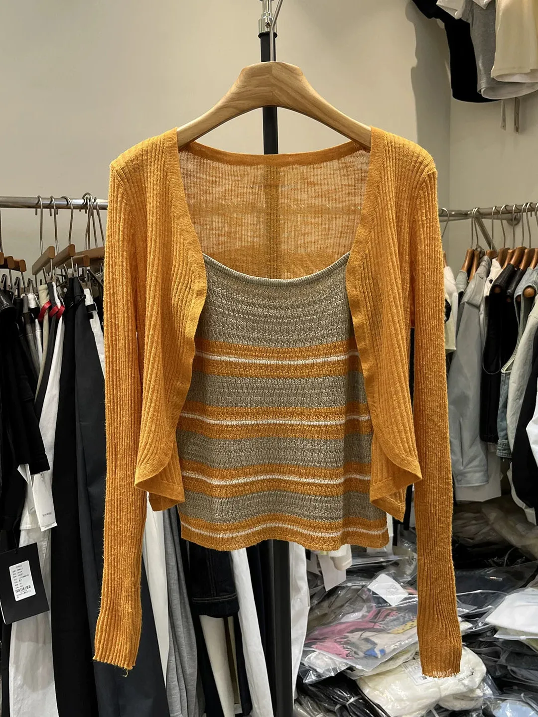 

New Women's Knitted Stripe Inner Wear Tank Top And Open Cardigan Two-Piece Set Comfortable Breathable Summer Fashion Outfit