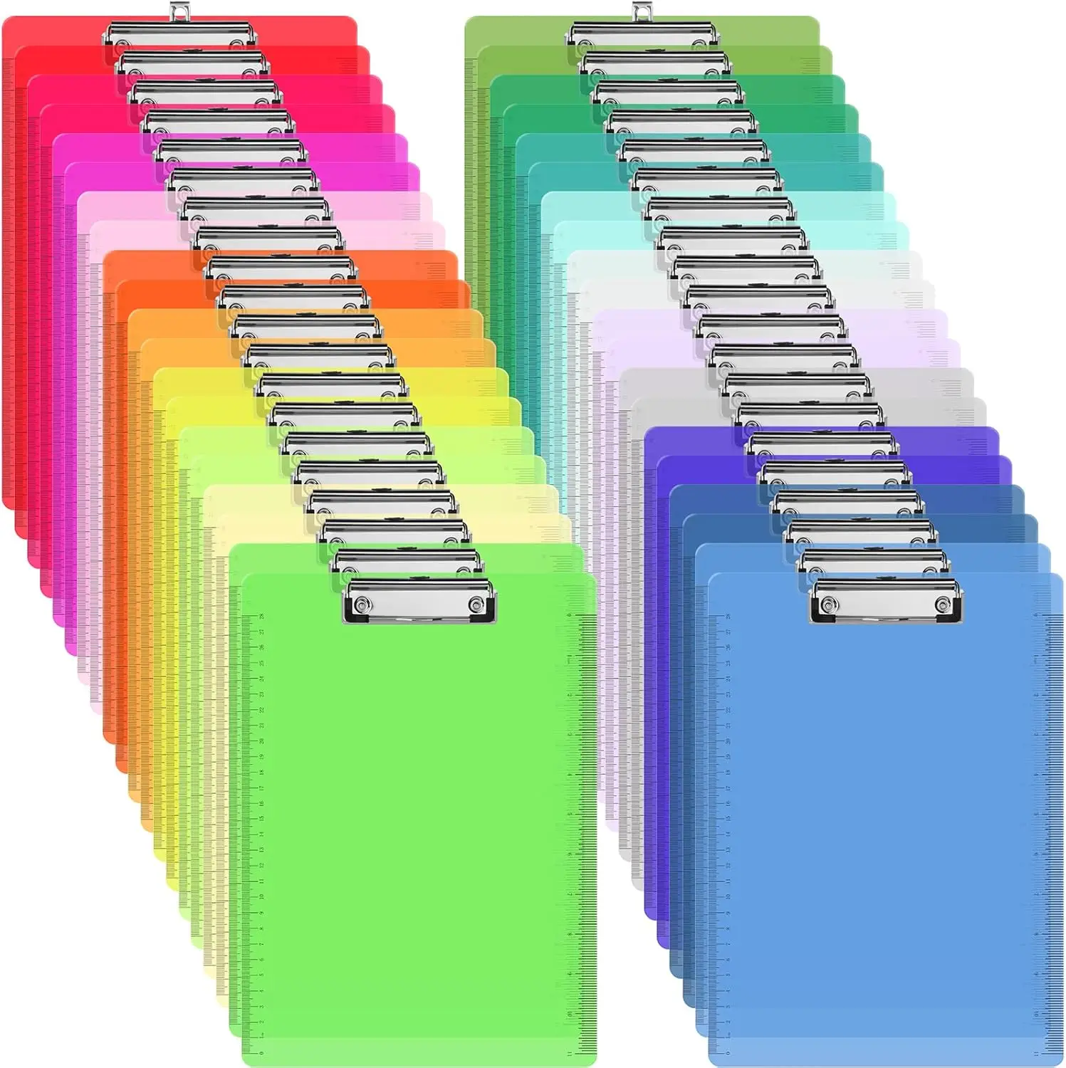 

40 Pack Plastic Clipboards with Scale Lines, 20 Neon Colors, 12.5x9 in A4 Letter Size, Low Profile, Portable for Classroom Office Supplies