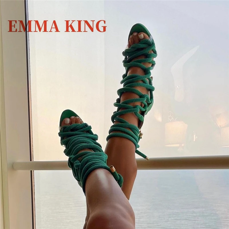 الصيف النساء الدانتيل متابعة صنادل طراز جلاديتور حبل التفاف اللمحة تو صندل عالي الكعب مثير نادي فستان الحفلات أحذية السيدات الكاحل حزام صندل