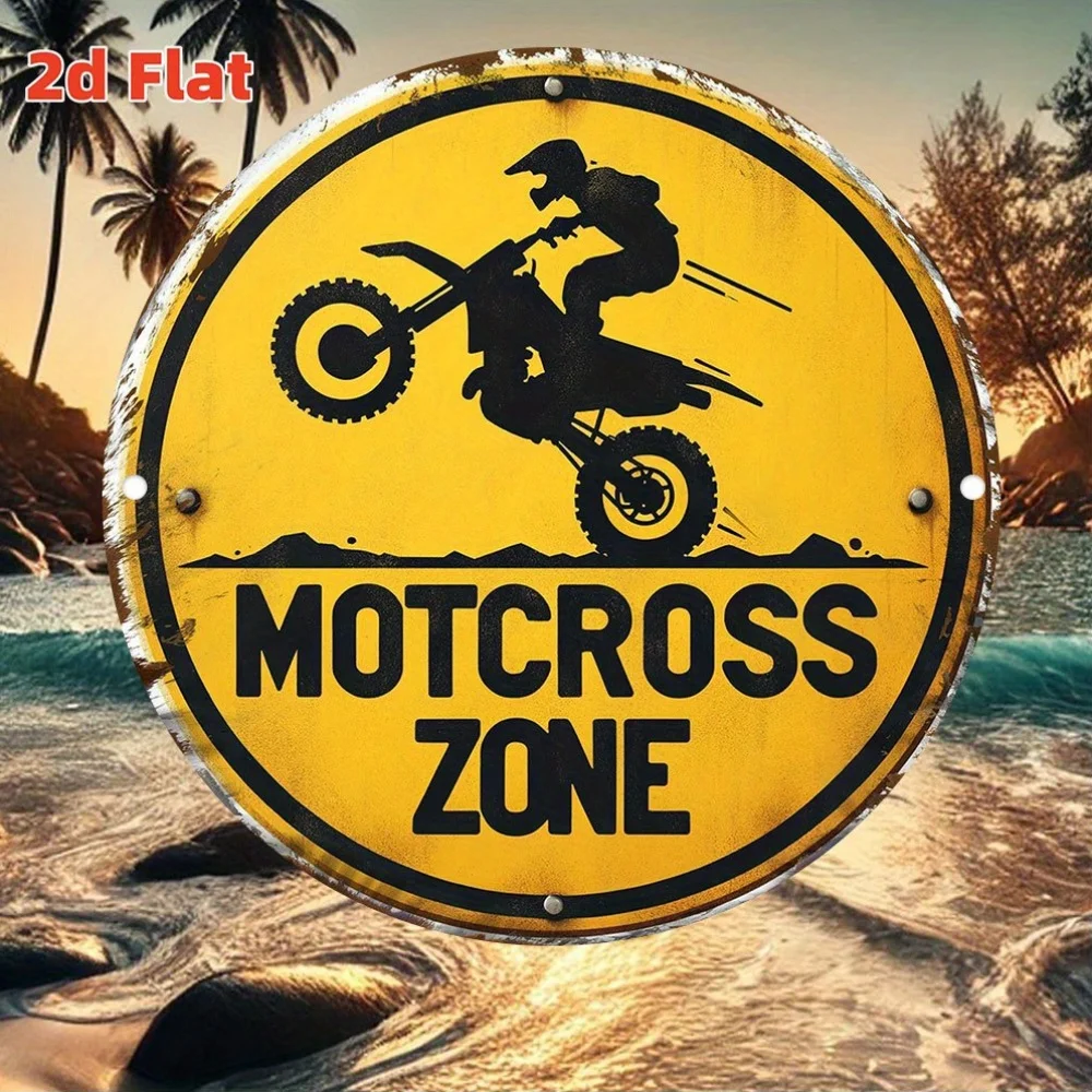 2D Flat, 1pc Motocross Zone Metal Sign - Vintage Dirt Bike Rider & Off-Road Design, Waterproof & Dustproof Metal  Wall Decor
