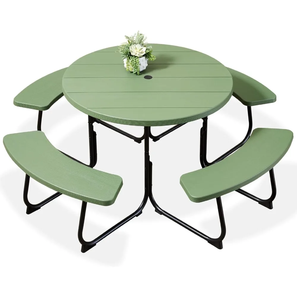 

Circular Outdoor Patio Table with 8 Seats, 4 Integrated Benches, and Umbrella Hole, Supporting 2000lb