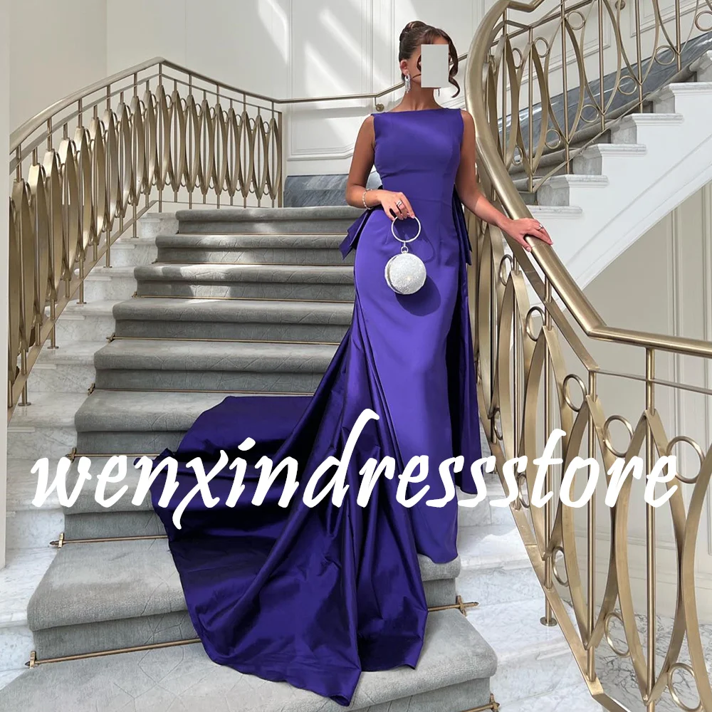 Purple Straight Sleeveless Satin Boat Neck Floor Length Saudi Evening Dresses Elegant Panel Train Pleats Party Gowns Modern 2024