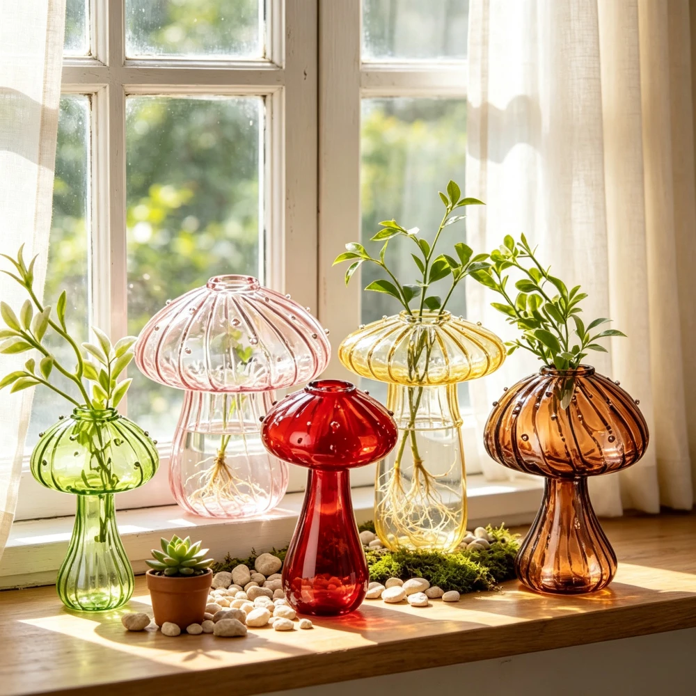 クリエイティブなデザインのきのこ型ガラス花瓶。透明で、水耕栽 - Propagation Station Vase のレビューと価格