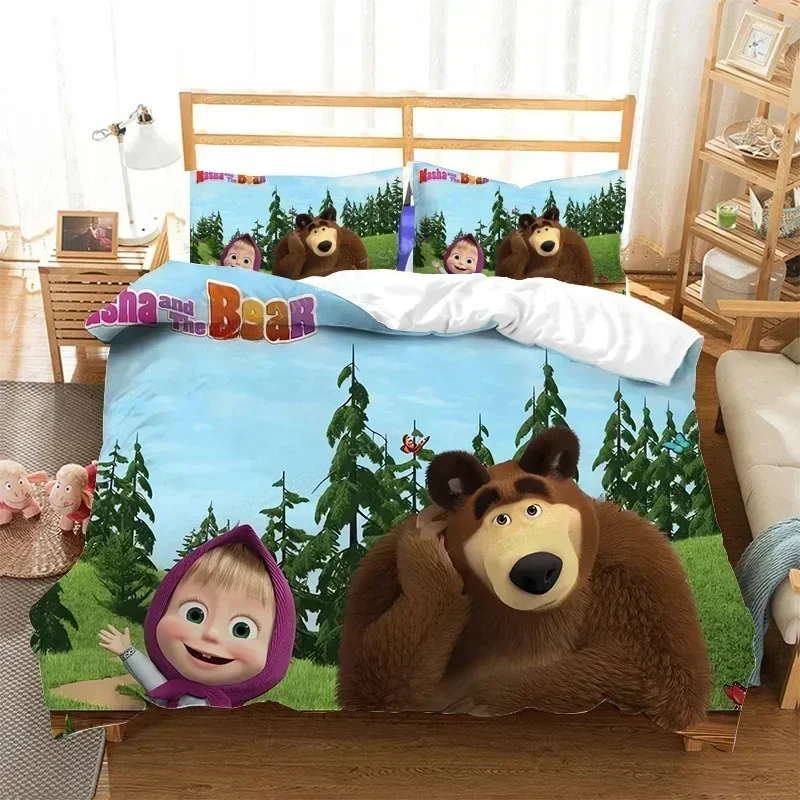 رائجة البيع ماشا والدب طقم سرير غطاء لحاف مع المخدة أنيمي ديكور غرفة نوم غطاء لحاف الفراش دعوى الاطفال هدية عيد الميلاد