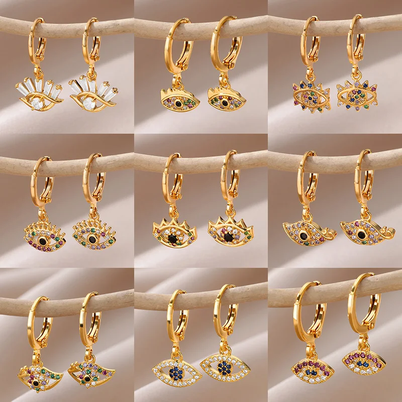 Zircon Evil Eye Earrings For Women Random Gold Color Stainelss Steel Turkish Eye Drop Earring Wedding Aesthetic Jewelry Gift