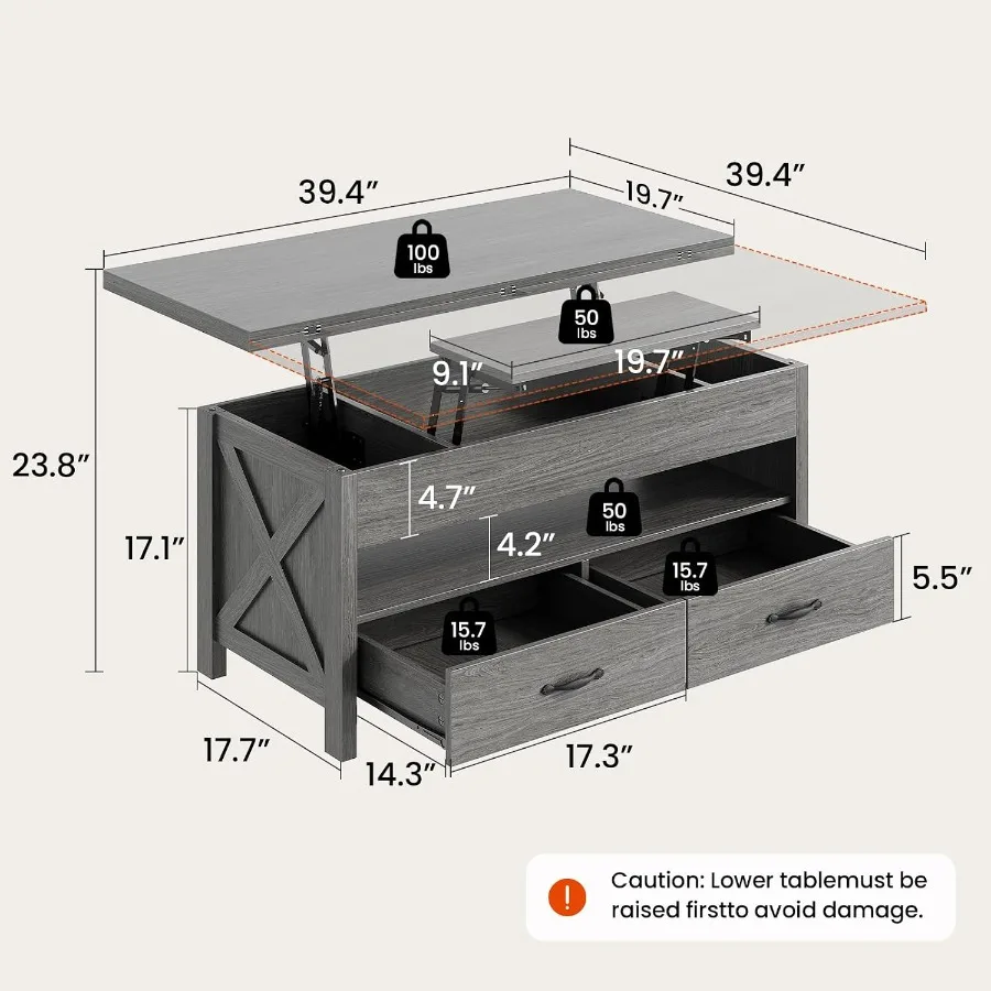 Lift top coffee table for living room use, engineered wood in grey finish, features drawer, shelf and hidden storage for versat