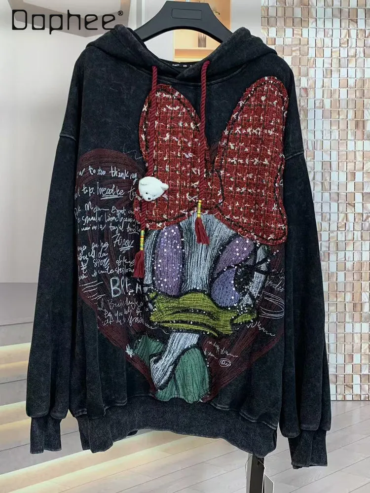 Loose Hooded Sweatshirt Trendy Brand Autumn New Heavy Embroidery Cartoon Large Version Fashion Black Hoodies Women Anime Hoodie