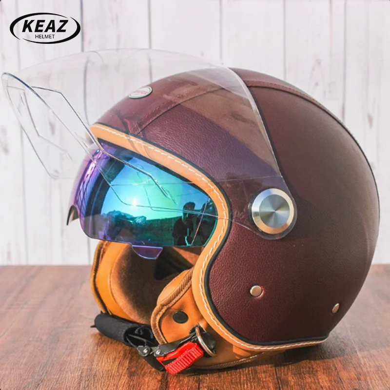 Keaz New Arrival Double Visor Half Motorcycle Helmet 3/4 Retro Men Half Helmets with Inner Lens Four Seasons Red Date Color