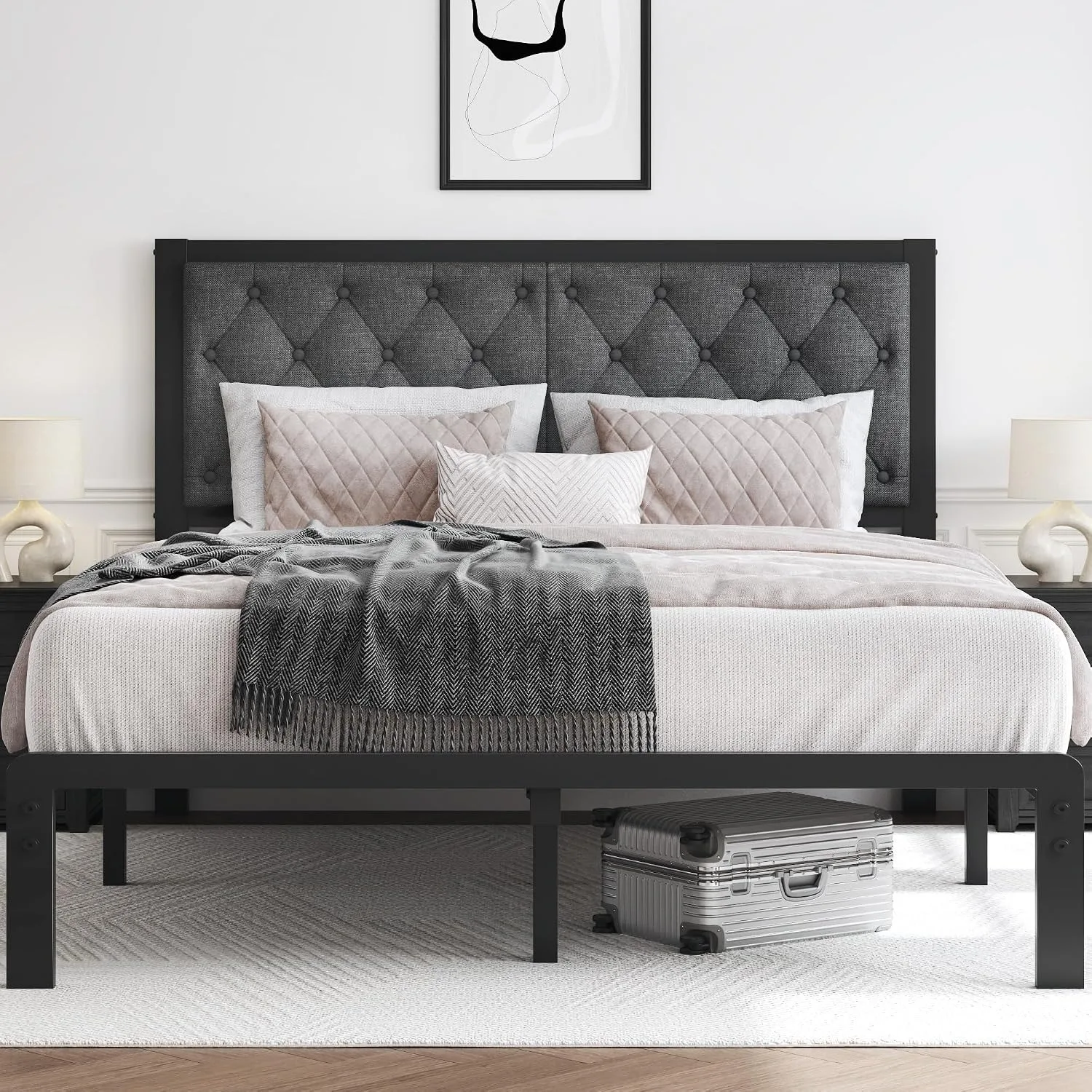 Queen Bed Frame with Upholstered Button Tufted Headboard, Bed Frame Platform Metal Slats Support, Customized