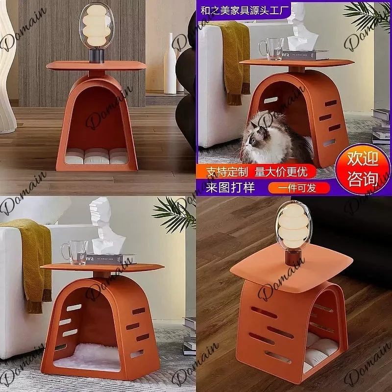 BJ Italian Minimalist Pet Coffee Table Saddle Leather Cat Nest Side Table Nightstand Living Room Corner Table