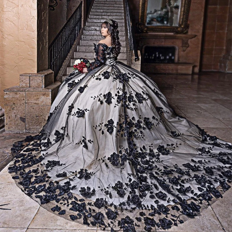 

Black Sexy Sweetheart Beading Crystal Quinceanera Dress Long Sleevess Ball Gown Sleeveless 3D Flowers Corset Vestido De 15 Anos