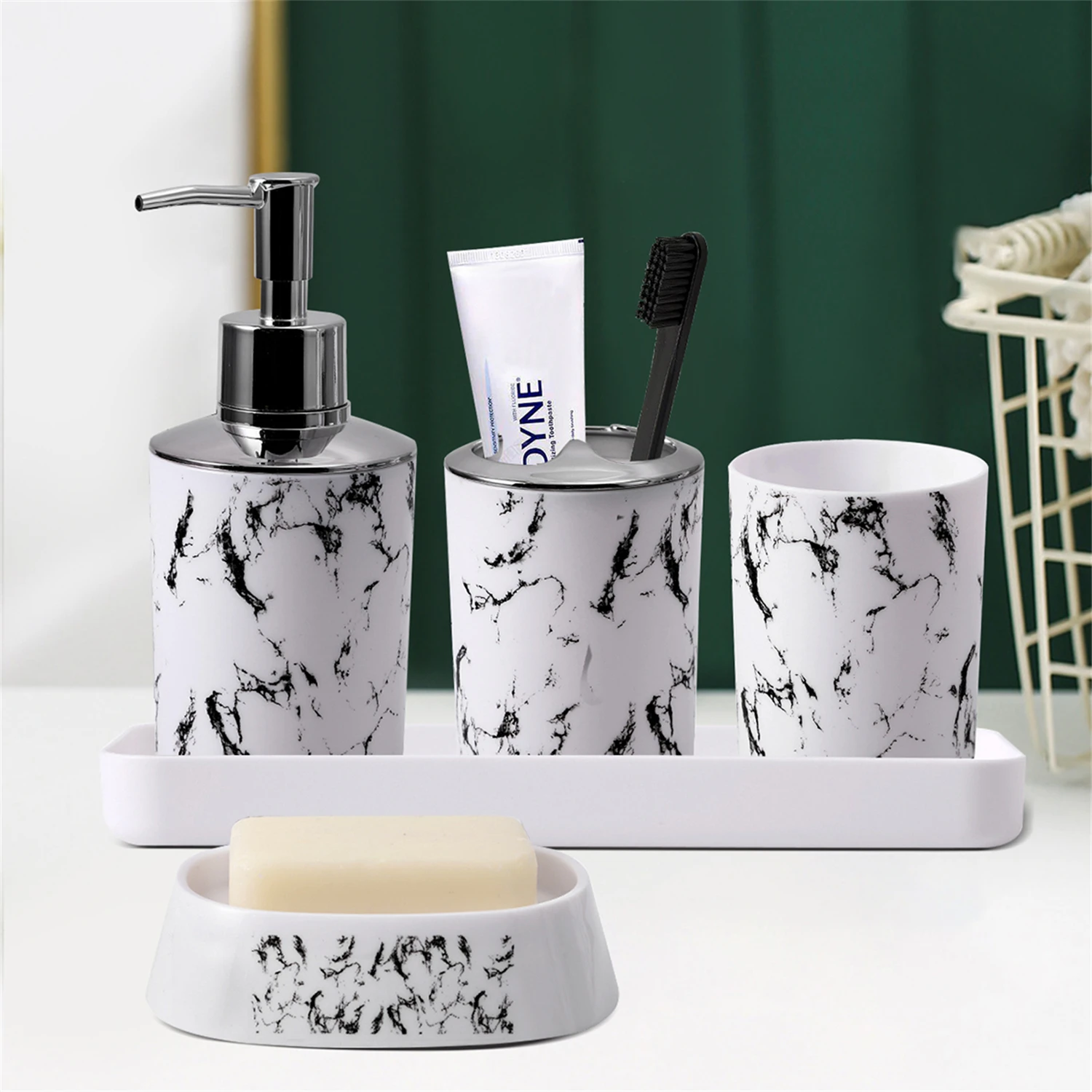 5-piece white/black marble bathroom set -  lotion bottle, toothbrush and toothpaste cup, mouthwash cup, soap dish, and box