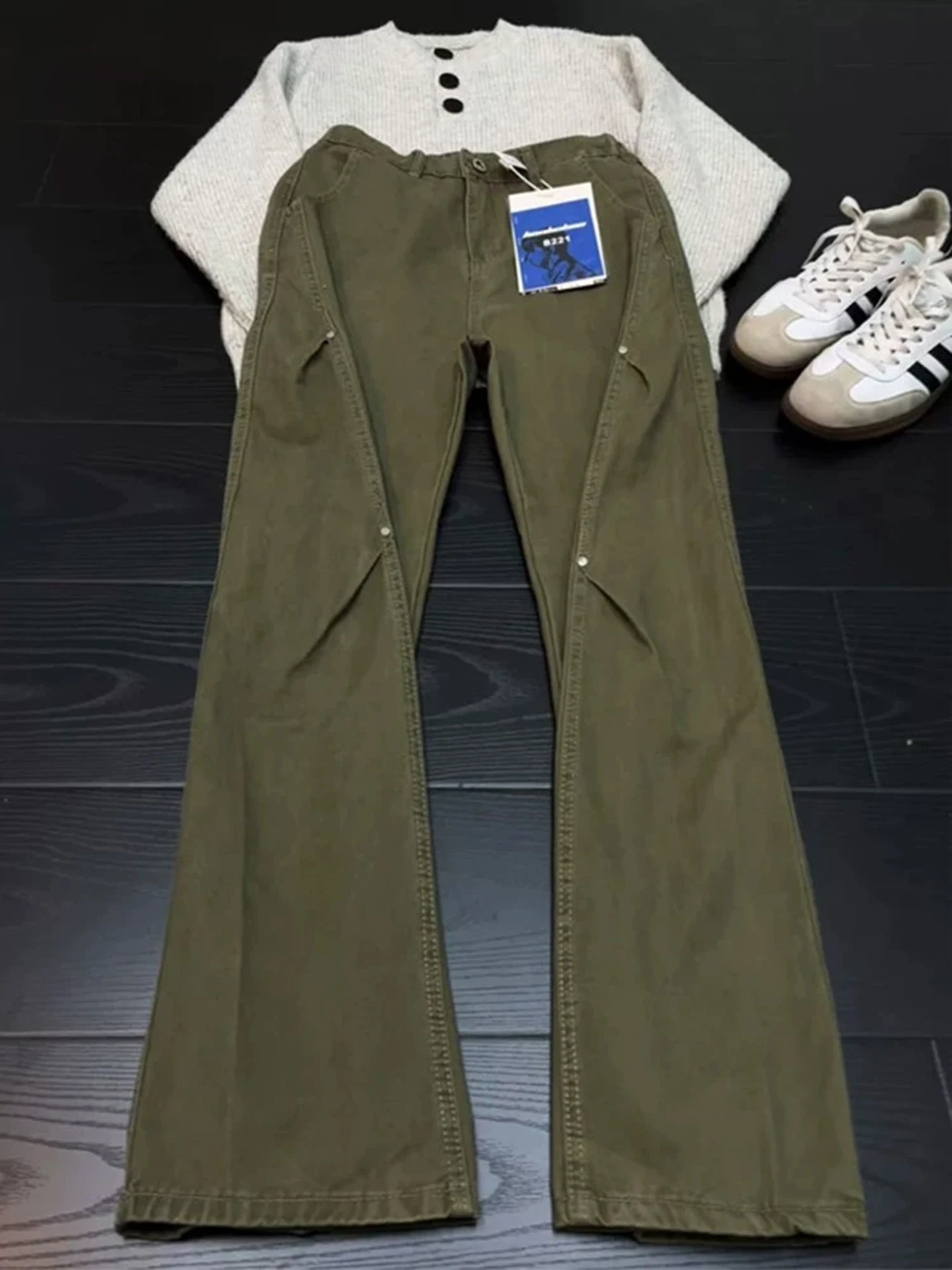 

Military een Thiened Fce Winter Men's Jeans Rivet Slant Cut American Sle Cleanfit Knife Bend Work Pants Straight Tube