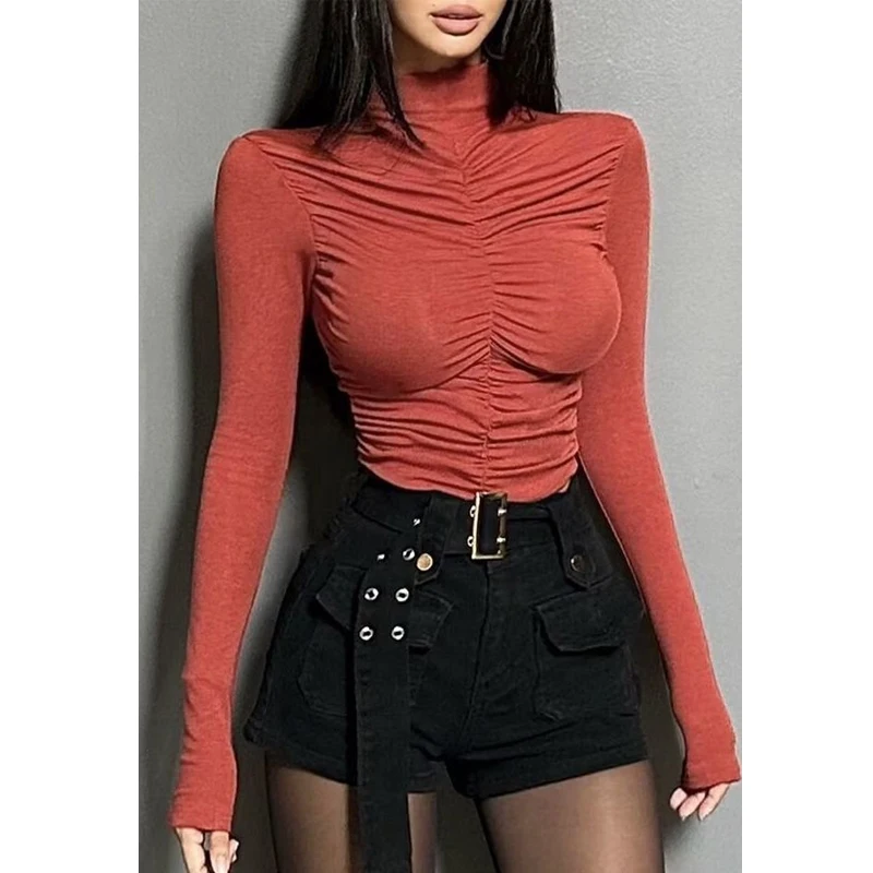 Sexy Slim Pleated T Shirts Spring Autumn New Long Sleeve Solid All-match Elegant Pullovers Top High Street Fashion Women Clothes