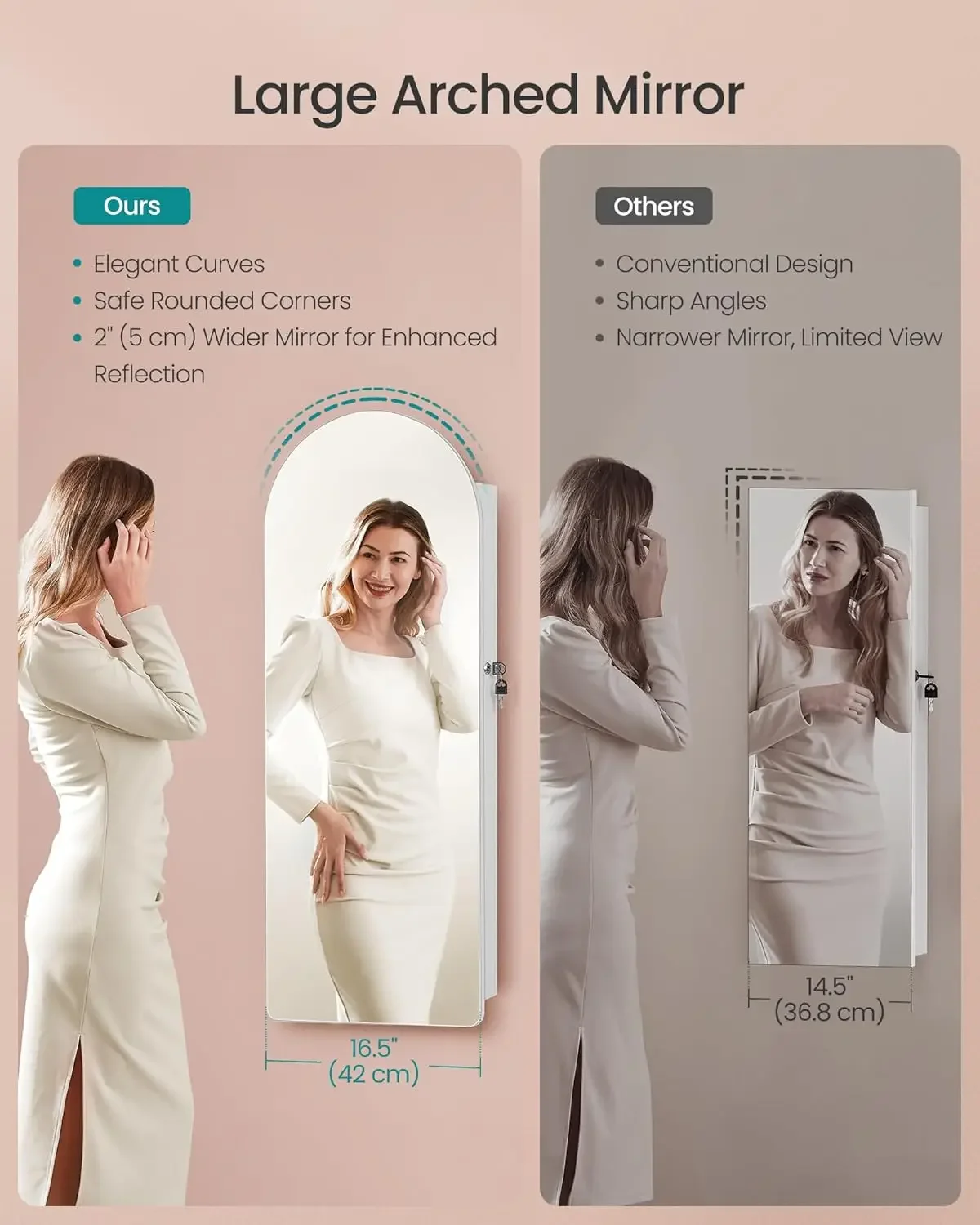 Wide Jewelry Organizer, LED Jewelry Cabinet Wall/Door Mounted, Arched Mirror with Storage, Lockable, Rounded Corner