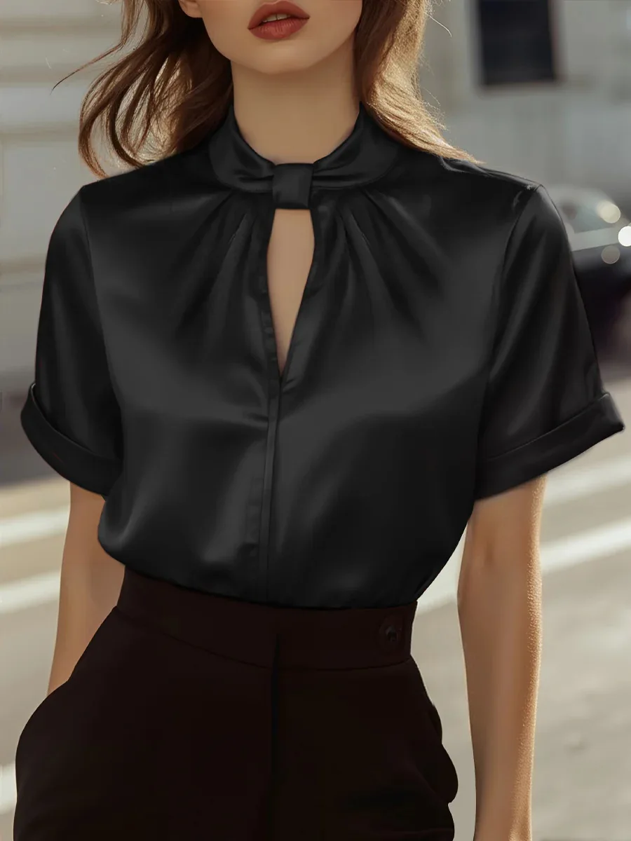 Blus dan Kemeja Wanita Model Kerah Keyhole Sederhana Polos Lengan Pendek Blus Elegan Bahan Satin Atasan Musim Panas Kemeja Kantor Wanita