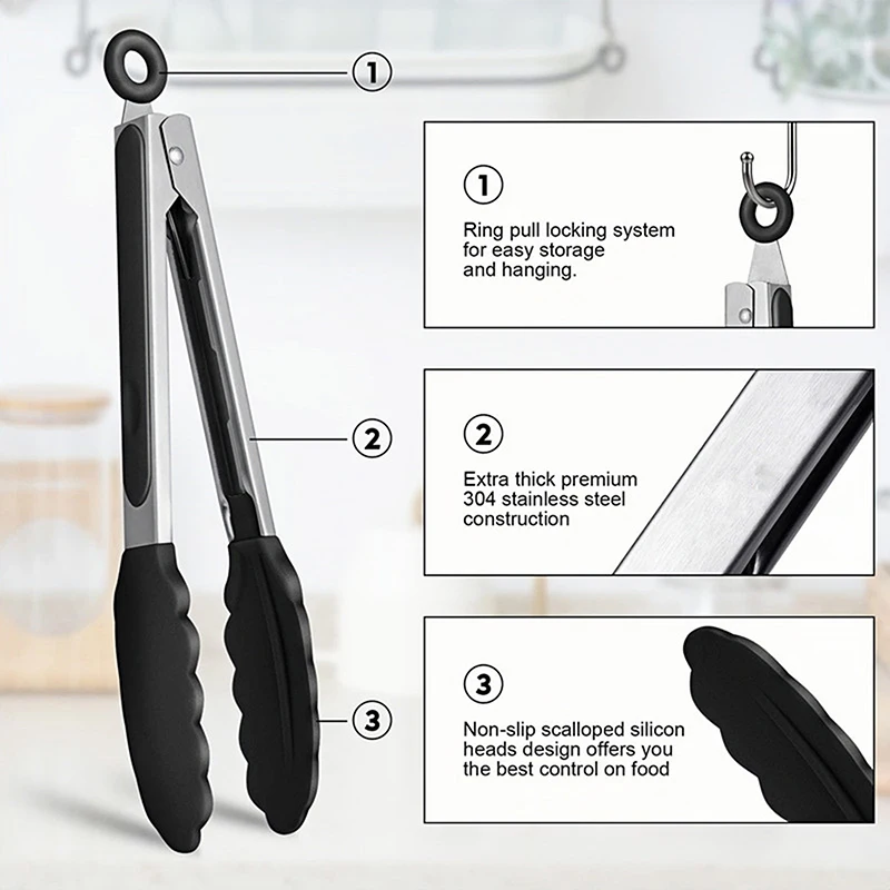 Silicone & Stainless Steel Locking Tongs - 12-Inch BBQ Tongs for Non-Stick Pans, Safe Heat-Resistant Cooking Tools
