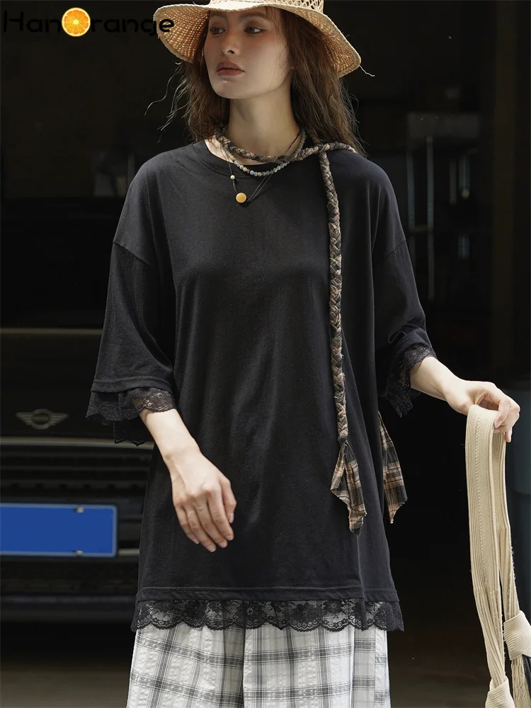HanOrange 2026 Summer Lazy Lace Splicing T-shirt Women Skin Friendly Comfortable Loose Top Tees White/Black/Gray