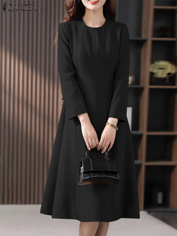 ZANZEA Elegant OL Pleated A-line Long Dresses Women Office Shirt Dress 2024 Spring Round Neck Robe Fashion Collect Waist Vestido