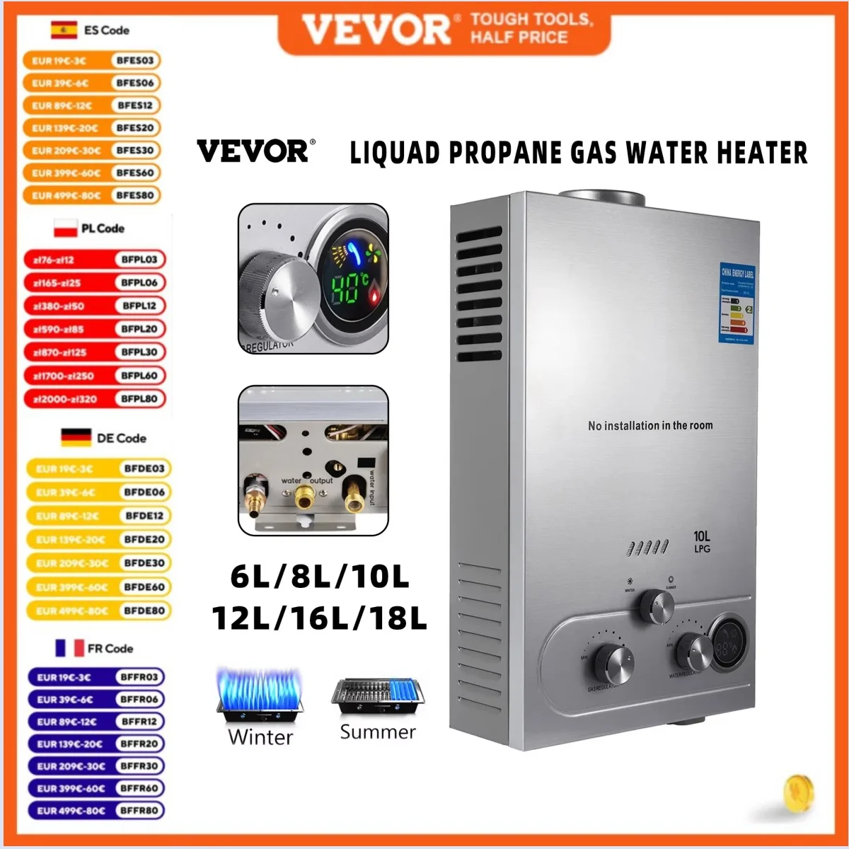 VEVOR 6L 8L 10L 12L 16L 18L LPG Portable Instand Water Heater Propane Gas LPG Wall-Mounted Tankless Water Heater Digital Display