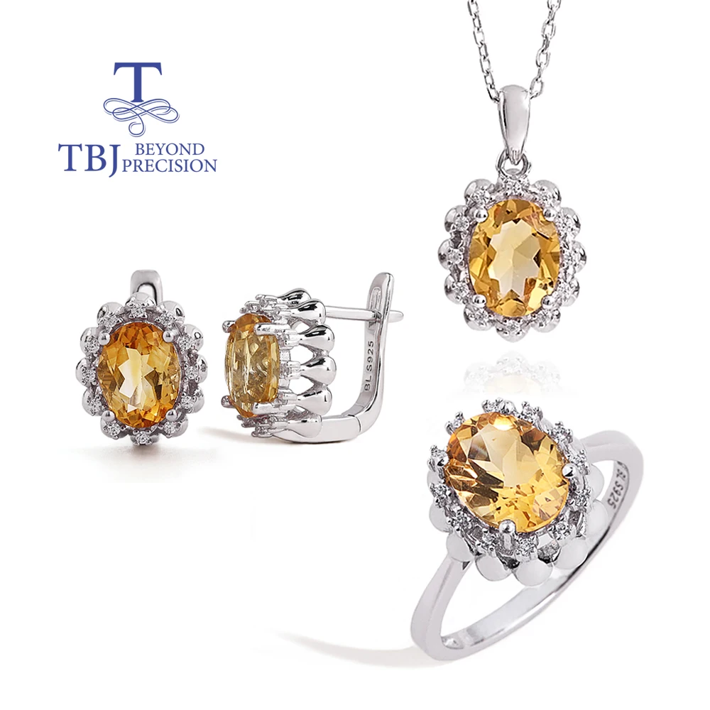 

925 Sterling silver ring earrings pendant necklace nautral oval 7*9mm citrine fine jewelry set for women's banquet birthday gift