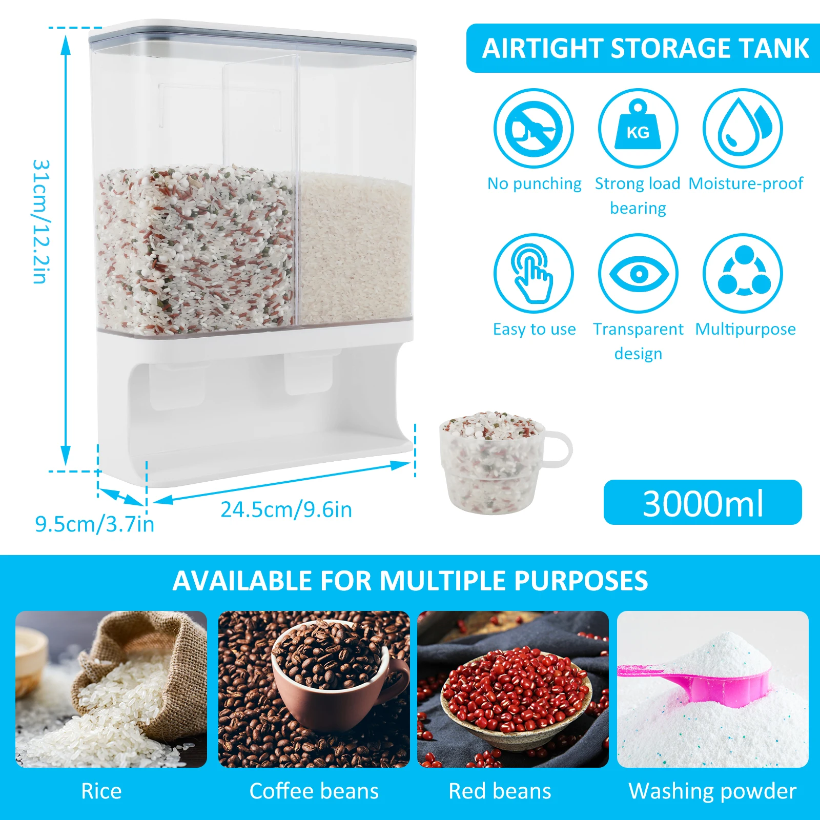 Rice Dispenser 1500/3000ML Wall Mounted Rice Storage Containers Kitchen Grain Organizer Transparent Sealed Rice Dispenser