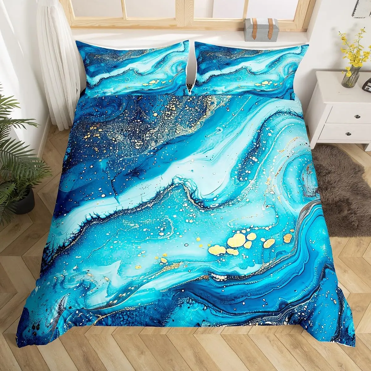 Marble Duvet Cover Twin, Gold Glitter Abstract Marbling Bedding Set Watercolor Stone Marble Texture Comforter Cover, Aqua Blue